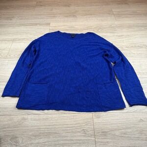 EILEEN FISHER Blue Linen Cotton V Neck‎ Long Sleeve Pocket Tunic Top S